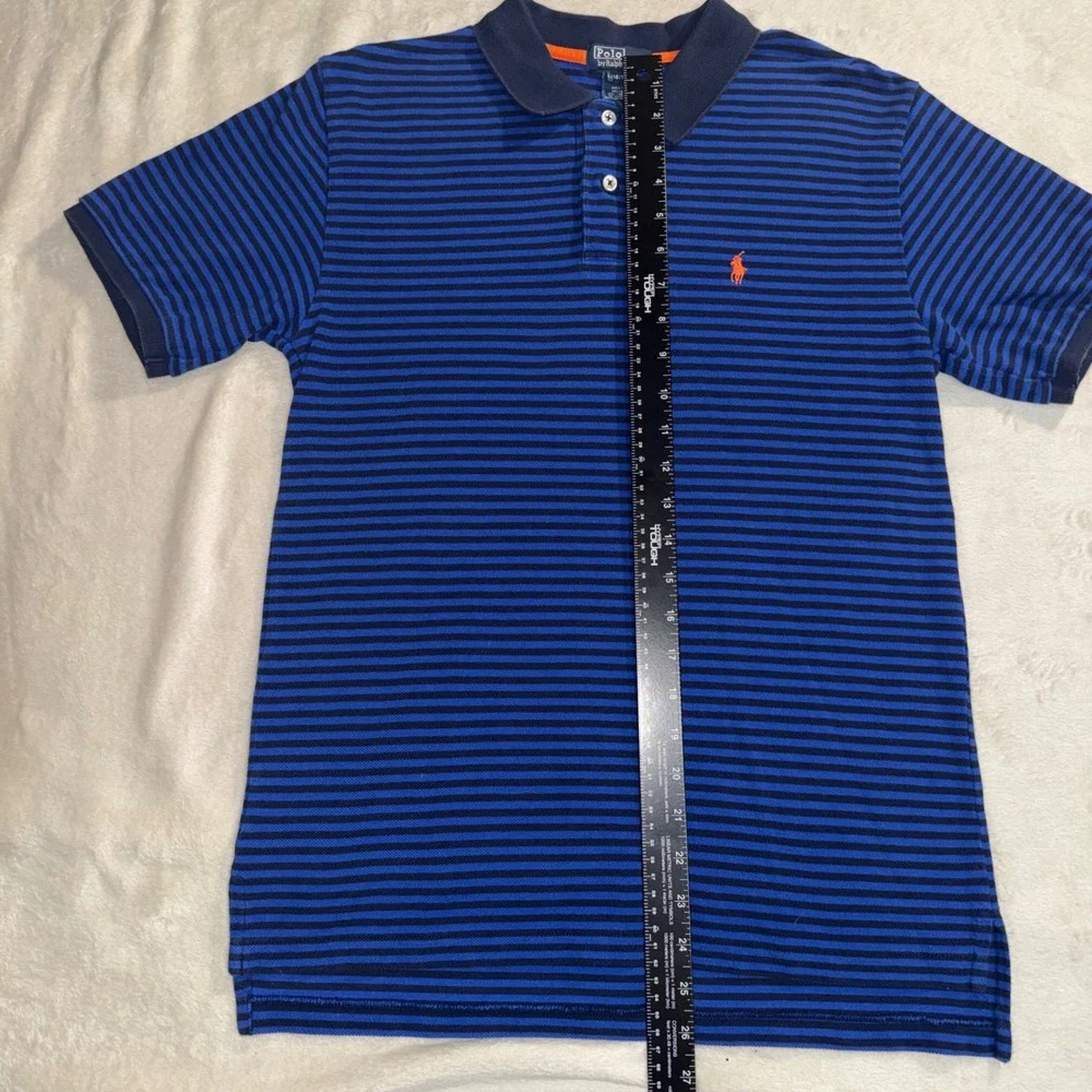 Polo Ralph Lauren Boys Blue Striped Short Sleeve Polo Shirt Size L 16/18 Pony